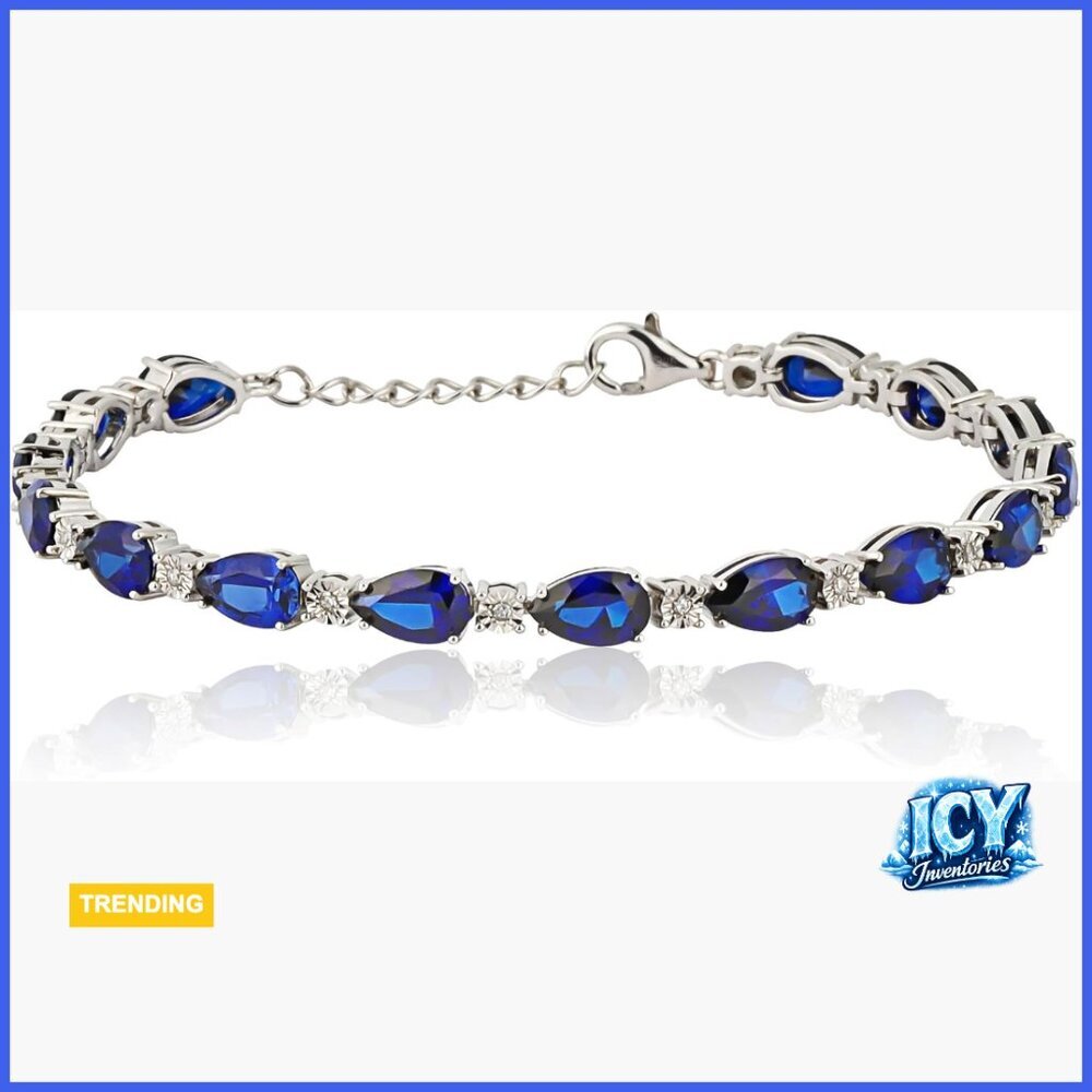 925 Sterling Silver Tennis Bracelet with Created Blue Sapphire Stones